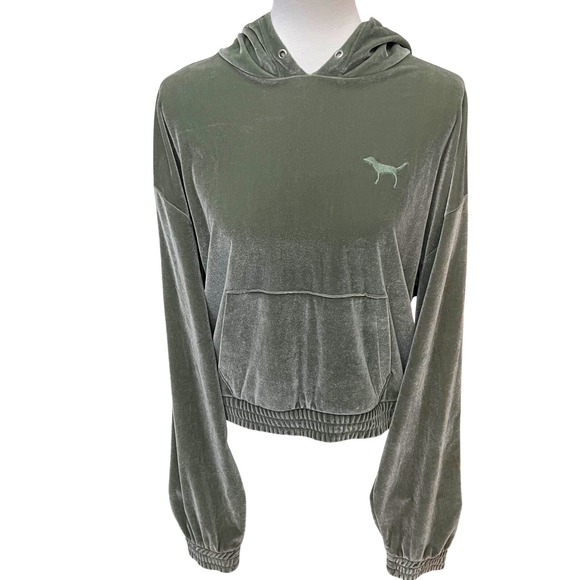 PINK Victoria's Secret Tops - PINK Victoria's Secret Mint Sage Green Velour Pullover Hoodie Smocked Hem L Y2K